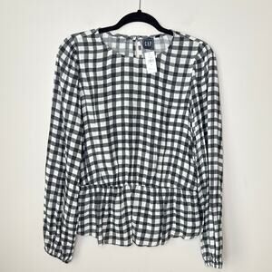 NEW NWT Gap Black White Gingham Plaid Long Sleeve‎ Peplum Top Size Medium